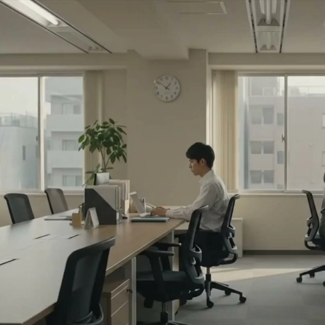 A Japanese office early in the morning, with one person already at their desk